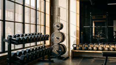 Modern gym with dumbbells and weight plates in natural light
