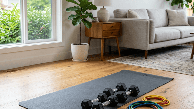 Home workout setup with resistance bands, mat, and dumbbells